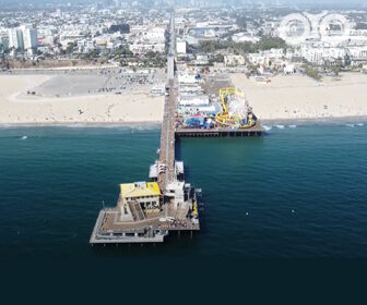 Flyover Santa Monica Pier, aerial drone video, scenic views